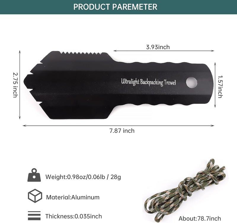Valken Ultralight Camping Trowel Backpacking Trowel Portable Aluminum Camping Shovel Small Potty Spade Hiking Trowel Garden Trowel with Longer Handle(Black) - Image 2